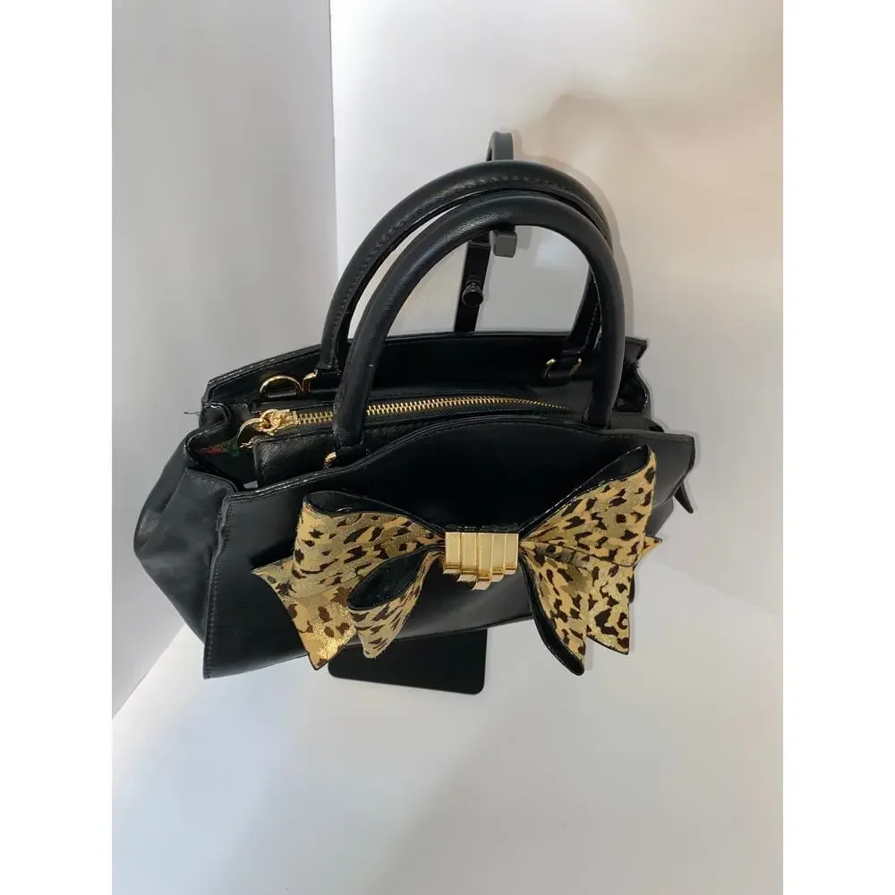 Betsey Johnson Black Satchel Handbag with Leopard Bow Accent
